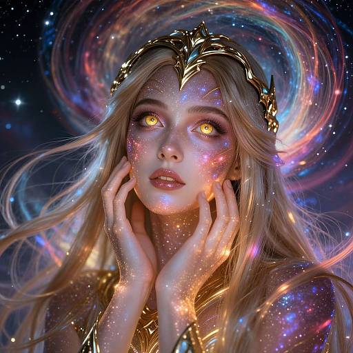 Digital fantasy portrait of a celestial woman with glowing yellow eyes, golden crown, and starry skin, hands gently touching her face, cosmic swirl background.