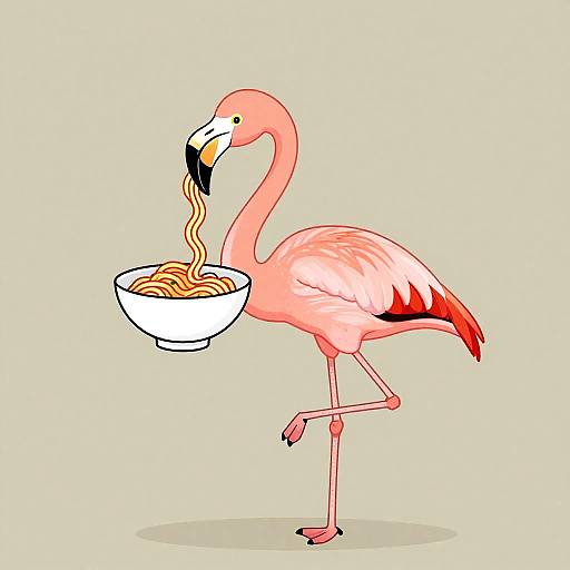 Cartoon of a pink flamingo with long legs standing on one leg, holding a bowl of noodles in its beak. Digital illustration with a light