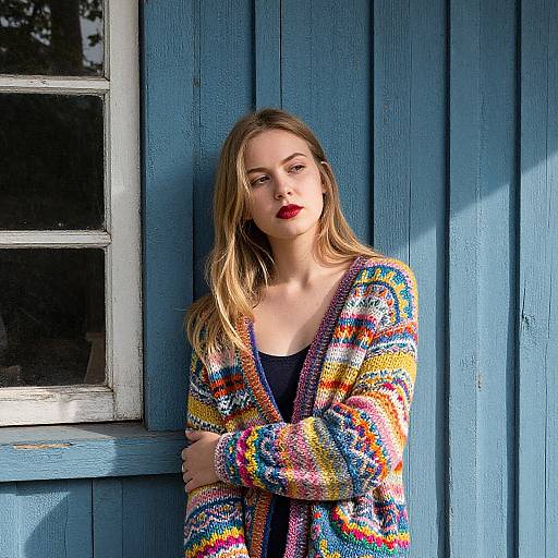 Photograph of a fair-skinned woman with long blonde hair, red lipstick, and colorful, patterned cardigan, standing against a blue wooden wall
