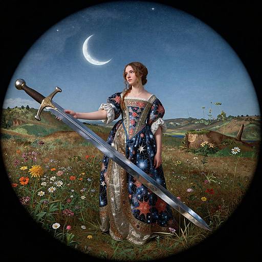 Photorealistic painting of a fair-haired woman in a starry blue gown, holding a large sword, under a crescent moon, in a colorful