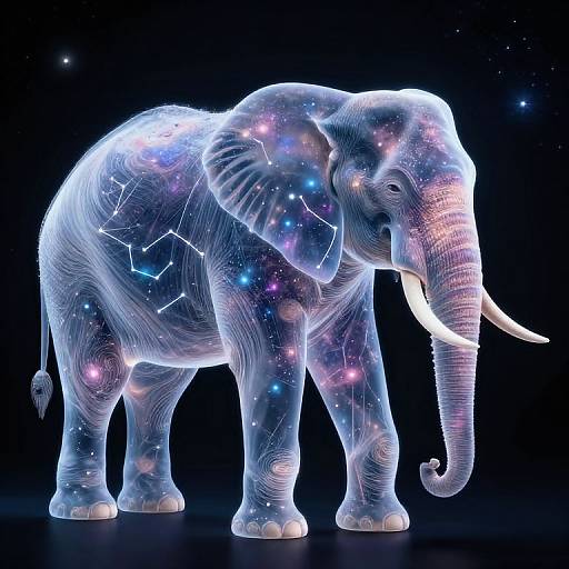 Glowing, neon-lit elephant with star and constellation patterns on a black background, showcasing a cosmic, ethereal style in digital art.