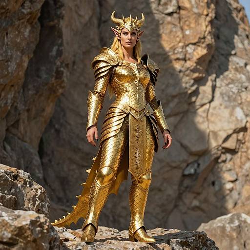 CGI fantasy image of a fierce female elf with golden armor, horns, and long blonde hair, standing on rocky terrain.