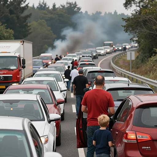 Highway Traffic Jam with People and Smoke