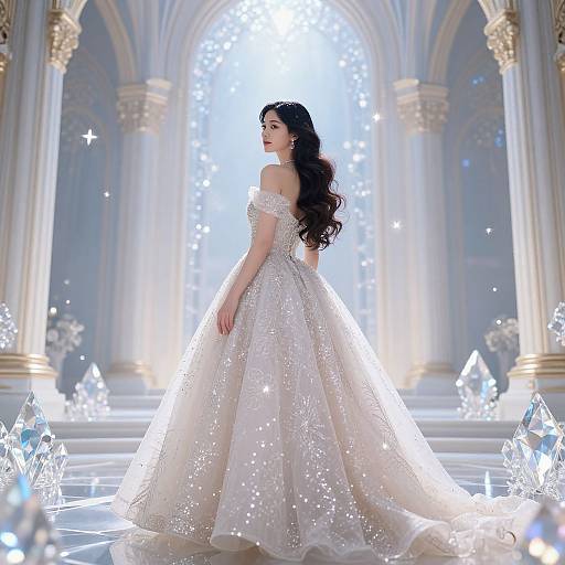 Photograph of a fair-skinned, dark-haired woman in a sparkling, off-shoulder, ivory ball gown, standing in a luminous,