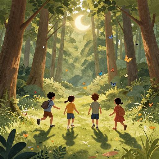Children Chasing Moon Shadows in Dream Forest