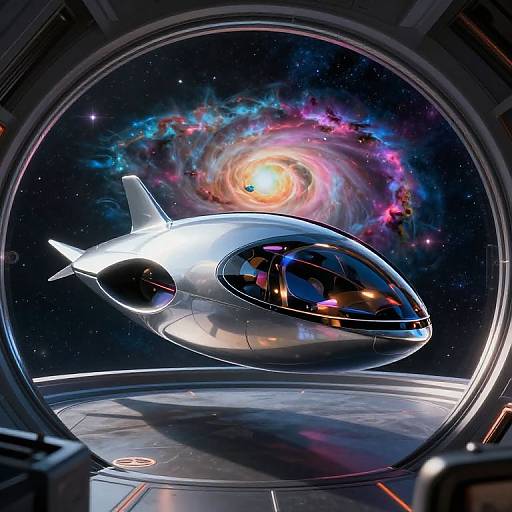 Digital illustration of a sleek, silver spacecraft with a transparent dome, viewed through a circular space station window. Background features vibrant, colorful nebulae and