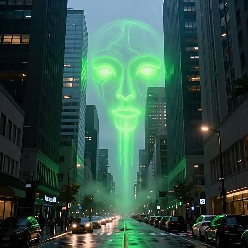 Photograph of a city street at dusk, featuring a large, glowing green alien face emerging from between tall buildings, with cars and streetlights below.