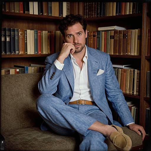 Photograph of a handsome, curly-haired man in a blue suit, white shirt, and tan belt, sitting on a brown chair in a book-filled