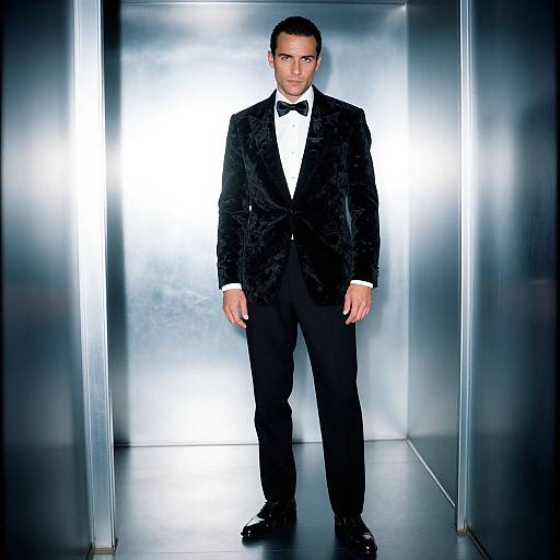 Photograph of a handsome man in a black velvet tuxedo with a bow tie, standing in a brightly lit metallic hallway.