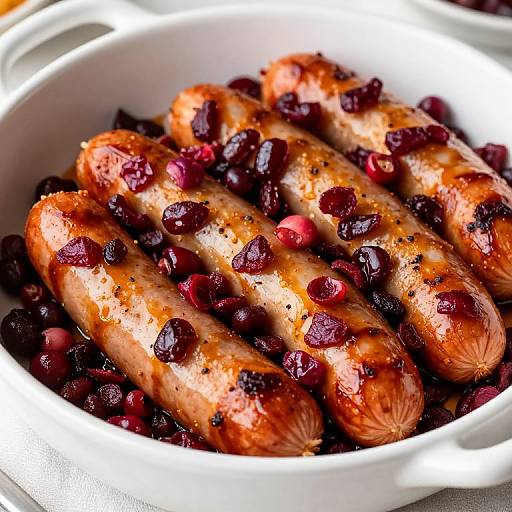 Close-up photograph of four golden-brown sausages topped with glistening pomegranate seeds, resting in a white ceramic dish.