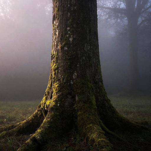 Moss Covered Tree Trunk in Foggy Forest
