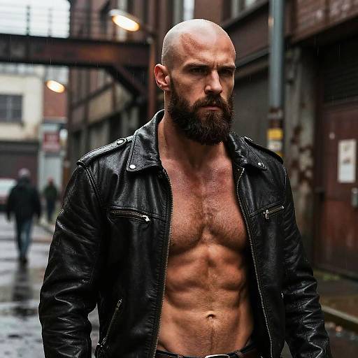 Photograph of a muscular, bald, bearded man with a defined six-pack, wearing a black leather jacket, standing in a rainy, urban alley