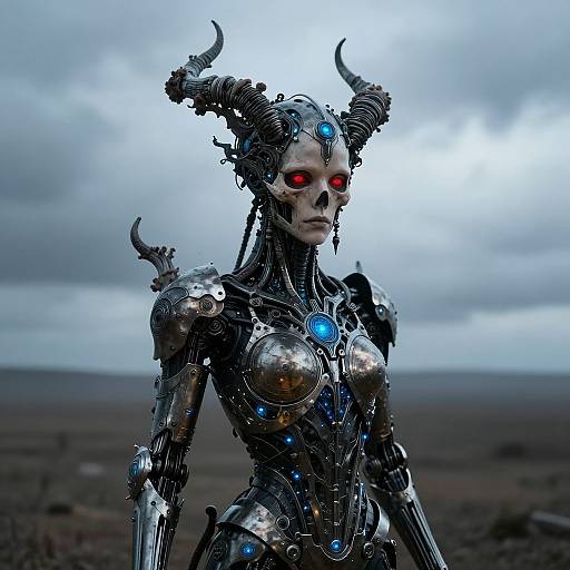 Cyborg demoness with glowing red eyes, blue lights, and metallic horns stands against a cloudy, desolate landscape in dark, futuristic armor.