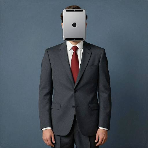 Photograph of a man in a black suit, white shirt, and red tie with an iPad instead of a head, against a solid blue background.