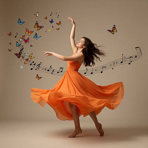 Photograph of a dancing woman in a flowing orange dress, surrounded by colorful butterflies and musical notes, against a beige background.