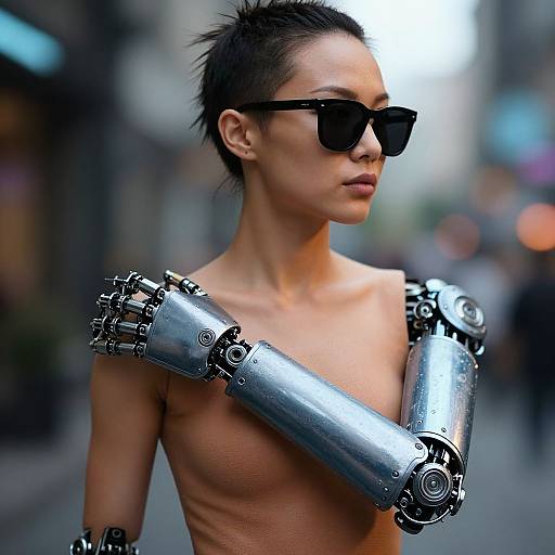 Photorealistic CGI of a topless, Asian woman with spiked hair, black sunglasses, and metallic robotic arms, standing in a blurred urban street.