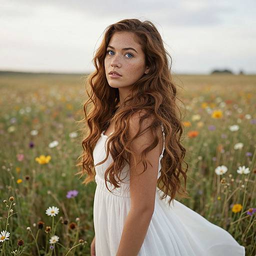 Photograph of a young woman with long, wavy brown hair, blue eyes, and freckles, wearing a white dress, standing in a