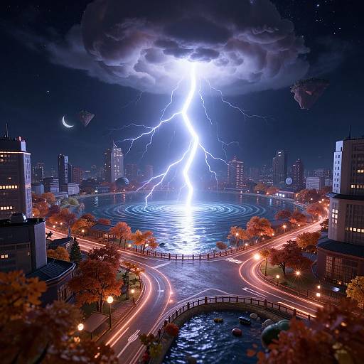 Digital artwork of a cityscape at night with a bright lightning bolt striking a central water feature, illuminated by city lights, surrounded by autumn trees and busy