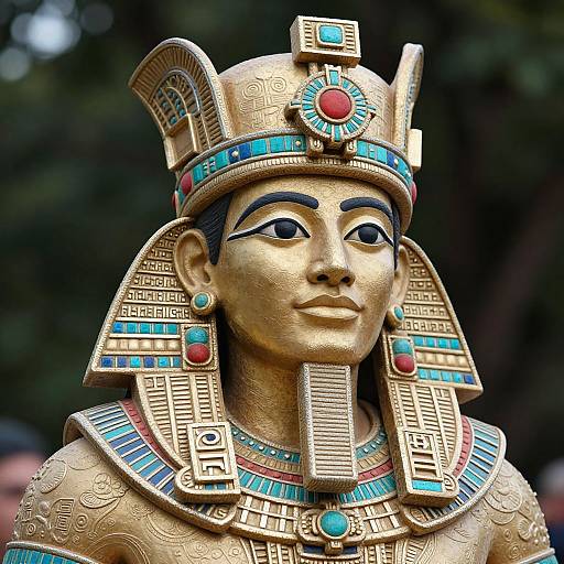 Photograph of an intricately detailed, golden Egyptian-style statue with a regal expression, adorned with turquoise, red, and gold jewelry, set against