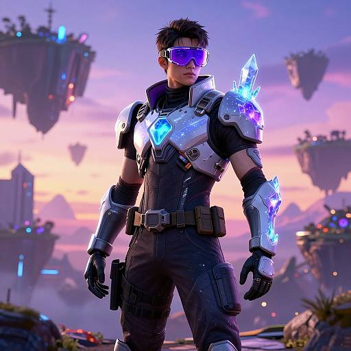 Digital art of a futuristic, armored man with glowing blue shoulder accents, purple visor, and handgun, standing in a sci-fi cityscape at sunset