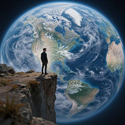 Photograph-like digital art of a man in a suit standing on a rocky cliff, gazing at a vividly detailed, massive Earth against a dark