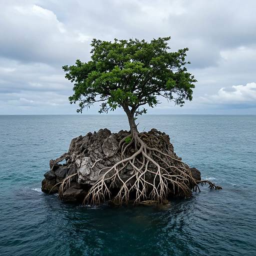 Photograph of a lone tree with extensive roots growing from a rocky island in the middle of a calm, blue ocean under a cloudy sky.