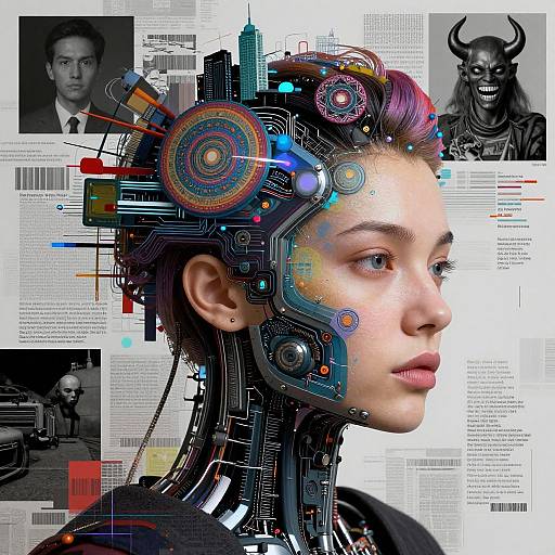 Digital artwork of a cybernetic woman with colorful circular patterns on her head, mechanical neck, and mixed black-and-white background photos.
