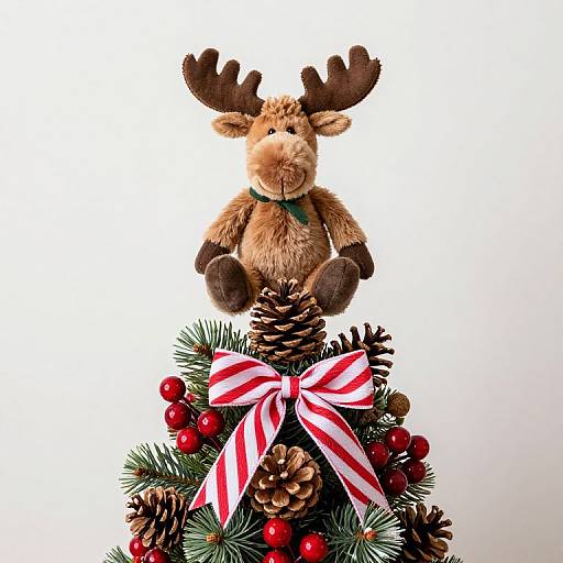 Photograph of a plush reindeer with brown fur and green collar, sitting atop a Christmas tree adorned with pinecones, red berries, and a