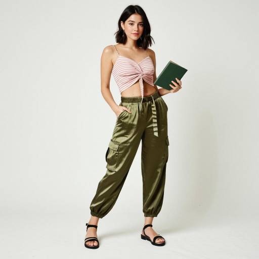 Woman in Pink Crop Top and Olive Satin Cargo Pants
