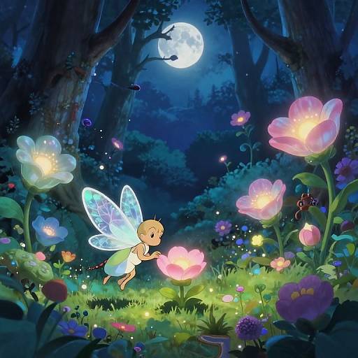 Whimsical fairy with translucent wings hovers above glowing flowers under a moonlit, enchanted forest, surrounded by colorful fireflies and vibrant blooms. Digital