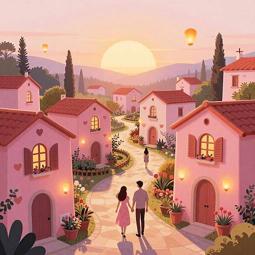 Digital illustration of a pink, sunlit village at sunset. A couple walks hand-in-hand down a flower-lined path, surrounded by charming, heart-de