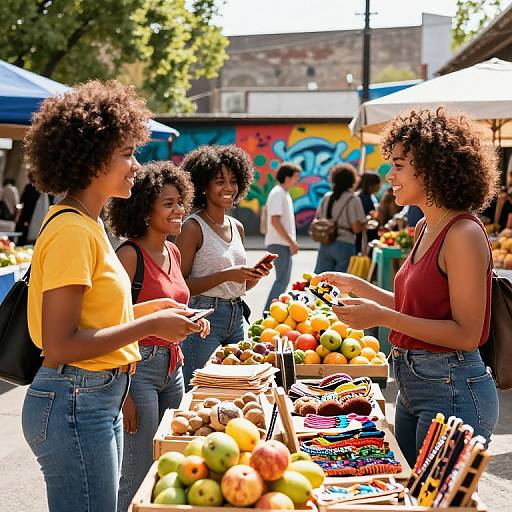 Photograph of four Black women with curly hair, wearing yellow and red tops, jeans, laughing and chatting at a colorful outdoor market stall with vibrant fruit