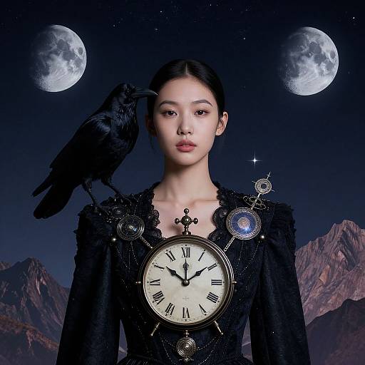 Photograph-style digital art of an Asian woman with black hair, wearing a black, ornate dress with a clock and raven, under a star