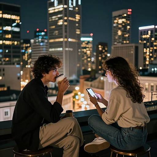 Photograph of a curly-haired man drinking and a woman with long hair texting on a phone, sitting on a rooftop at night with a city skyline of