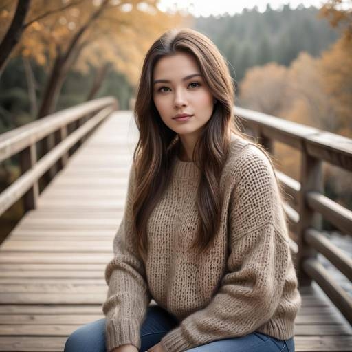 Young Woman Sitting on Wooden Bridge in Autumn