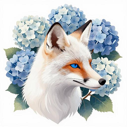 White Fox Head with Blue Hydrangea Flowers