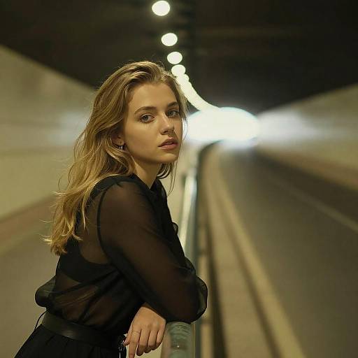 Photograph of a blonde woman with wavy hair, wearing a sheer black blouse, standing in a dimly lit, illuminated tunnel.