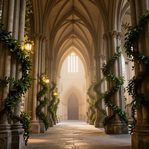 Photograph of a Gothic-style cathedral aisle with tall, ornate columns, green vine decorations, warm yellow lanterns, and soft sunlight filtering through ar
