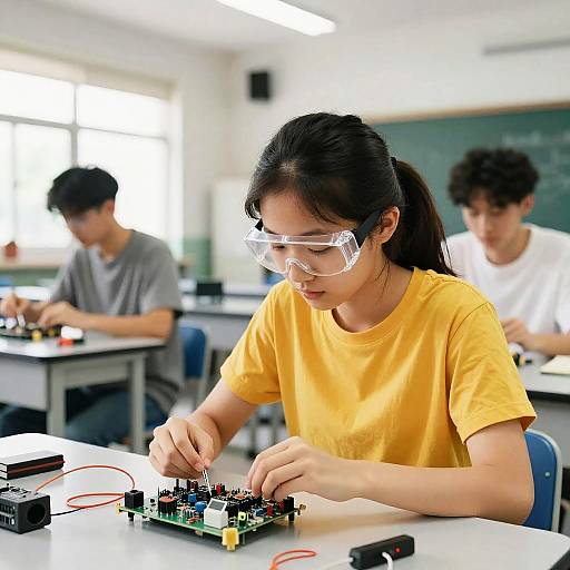 Young Woman Assembling Electronics in Classroom