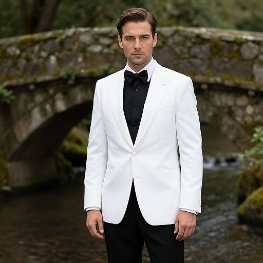 Confident Man in White Tuxedo by Ancient Bridge