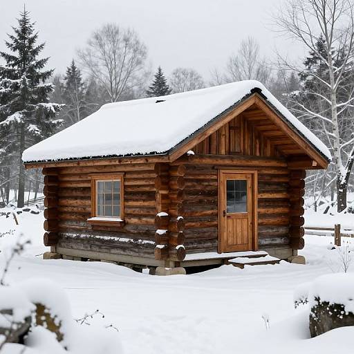 Photograph of a small wooden cabin with a snow-covered roof, surrounded by a snowy forest with tall, snow-laden trees.