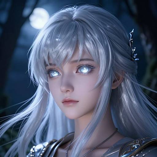 CGI fantasy portrait of a young woman with glowing blue eyes, long silver hair, and ethereal blue light illuminating her face. Dark, moon