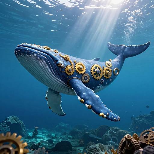 Photograph of a blue whale with golden gears embedded on its body, swimming underwater in a sunlit, coral-filled ocean.
