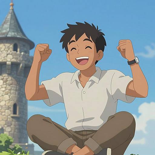 Joyful Man by Medieval Tower