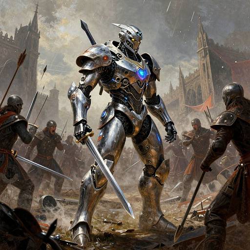 Futuristic Cyborg in Medieval Battlefield