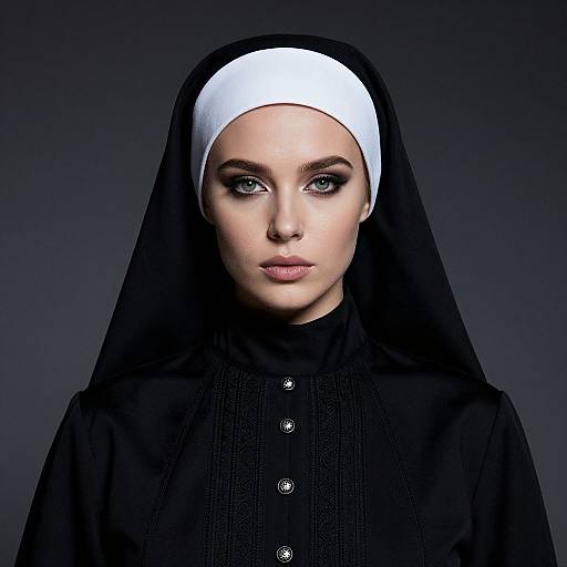 Photograph of a pale-skinned woman with blue eyes, wearing a black nun's habit with a white coif, against a dark gradient background.