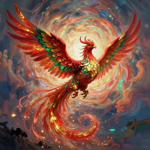 Vibrant digital artwork of a radiant, red phoenix with multicolored feathers, soaring amidst swirling, colorful cosmic clouds and a glowing sun.