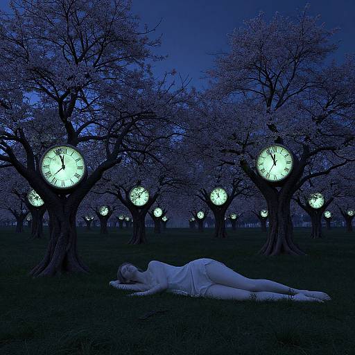 Photograph of a woman in a white dress lying on grass in a dark, blue-lit orchard with glowing, clock-like orbs on trees.