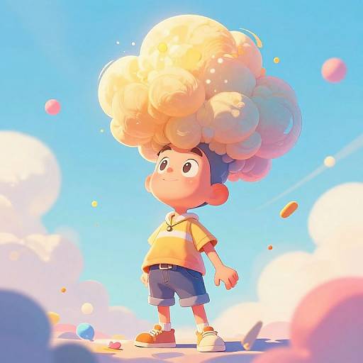 Digital illustration of a cute, cartoon boy with a massive, fluffy afro, wearing a yellow shirt, blue shorts, and red shoes, standing in