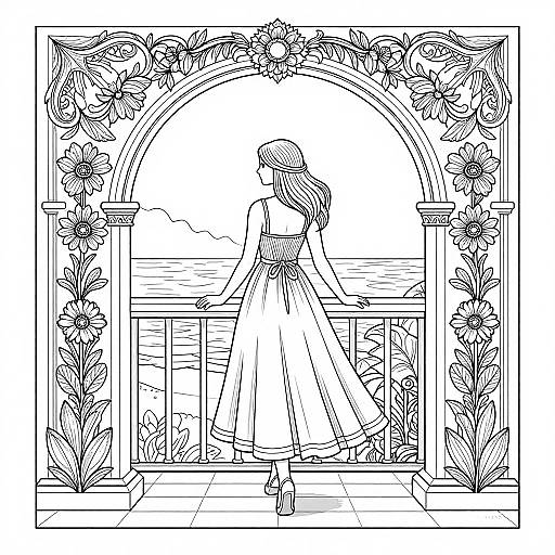 Black-and-white line drawing of a woman in a long dress standing in a floral-framed archway, facing a serene ocean view.